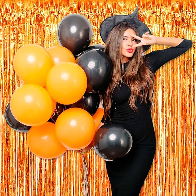 3 Pack Orange Foil Fringe Curtains Backdrop, 3.28 x 8.2 Ft Metallic Streamers Tinsel Curtains Background for Photo Booth, Birthday, Christmas, Halloween, Thanksgiving, New Year Party Decorations