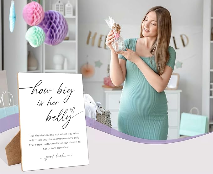 How Big Is Her Belly Sign, Measure the Belly Baby Shower Game， 8×11 Inches Wooden Sign With Stand, Gender Neutral Tabletop Decor for Gender Reveal Party, Baby Shower Decorations