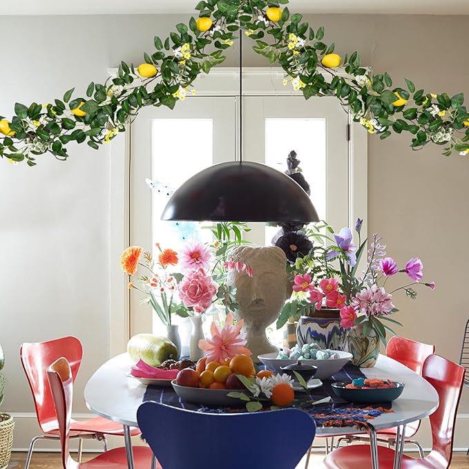 U'Artlines 2Pcs Total 12 Ft Artificial Lemon Garland Spring Summer Faux Fruit Vine Garlands with Greenery for Door Wall Mantle Wedding Party Table Decorations