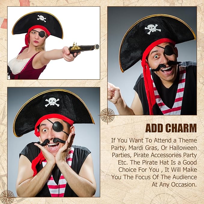 Hsei Halloween Pirate Captain Hat Skull Print Pirate Costume Party Hats Nautical Theme Cosplay Party Favors Supplies