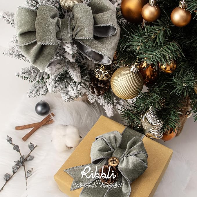 Ribbli Dusty Green Velvet Wired Ribbon 1.5 Inch Sage Velvet with Satin Christmas Ribbon for Gift Wrapping Christmas Tree Decoration Crafts Wreaths Supplies-Continuous 10 Yards