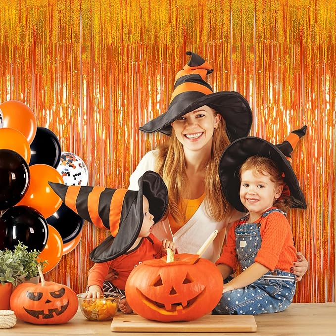 Reusable Foil Fringe Curtains Thanksgiving Decorations - Melsan 3 Pack 3.2 x 8.2 ft Tinsel Curtain Party Photo Backdrop for Birthday Party Baby Shower or Graduation Decorations (Orange)