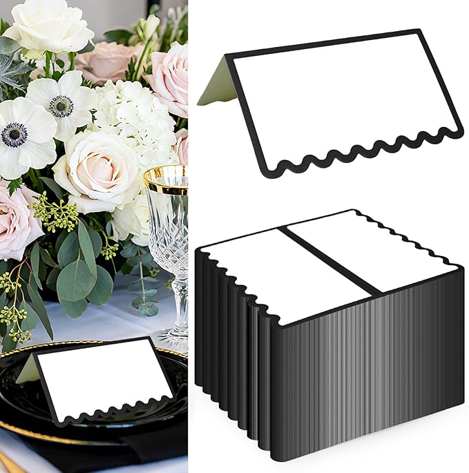 150 PCS Black Scalloped Place Cards 2 x 3.5 Inch Blank Tented Place Card Name Cardstock Seat Assignment Label Card Reserved Table Signs Seating Signs for Birthday Party Wedding Setting