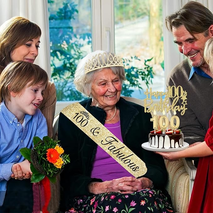 100th Birthday Decorations Women Gold with Crown and Sash, Candles and Cake Topper, Number Balloons, Happy 100th Birthday Party Gifts Supplior