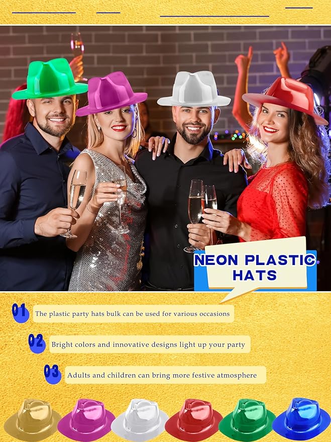 42 Pcs Plastic Party Hat Bulk Neon Fedora Party Hat Colorful Gangster Hats Metallic Party Hats for Men Women Kids Costume Accessory, 6 Colors