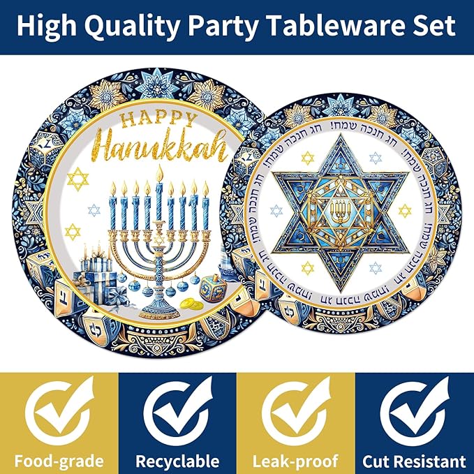 96Pcs Hanukkah Paper Plates Napkins Forks Happy Hanukkah Tableware Set with Menorah and Star of David Jewish Holiday Celebration Theme Party Supplies Serve 24 Guests