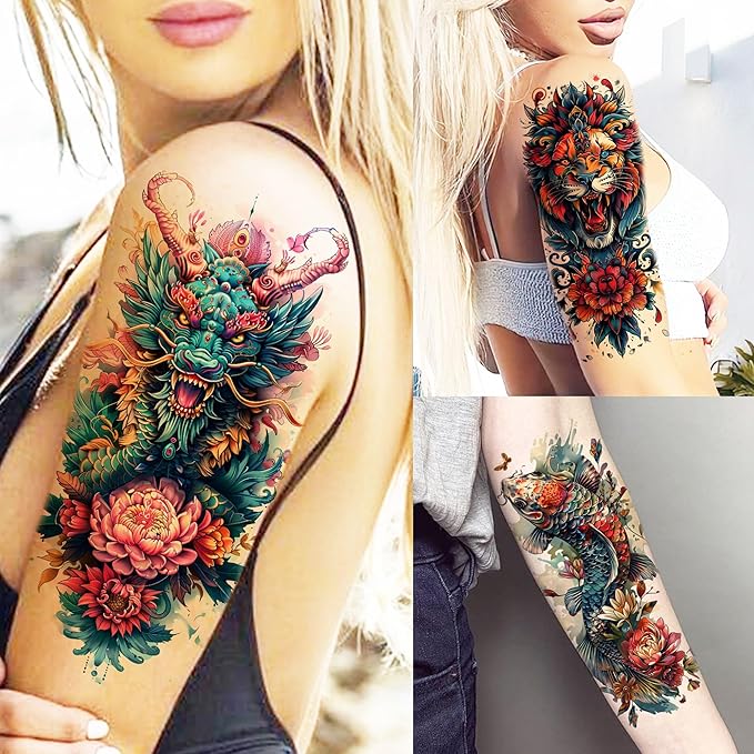 71 Sheets Dead Skull Temporary Tattoos For Women Men Adults, Old School Halloween Fake Tattoo Stickers Tiger Wolf Lion Dragon Flowers, Temp Punk Gothic Chicano Carp Skeleton Tattoo Indian Eagle Floral