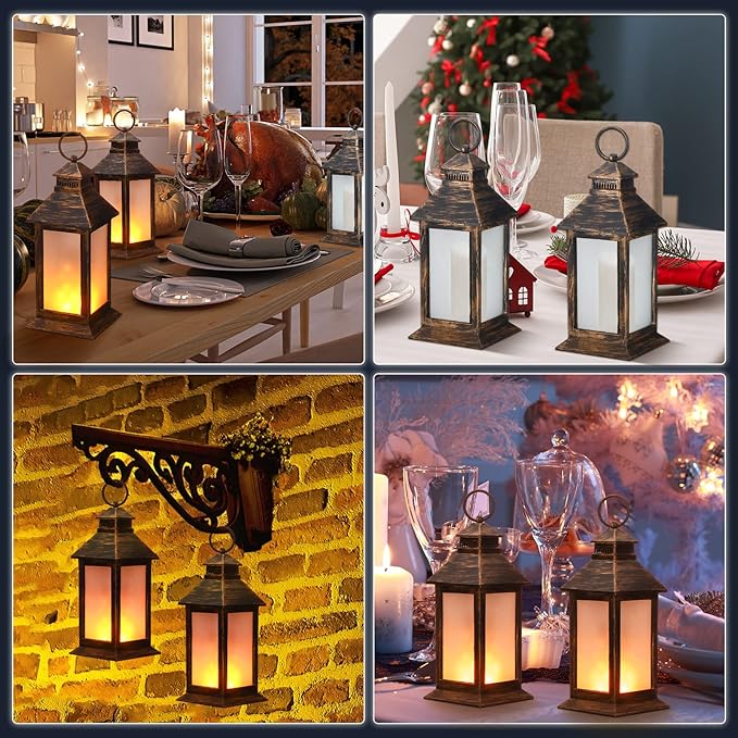 Tondiamo 4 Pcs Vintage Decorative Lantern for Centerpiece Wedding Tall Retro Hanging Lantern LED Pillar Candles Battery Operated Candles Waterproof for Christmas Indoor Party Decoration(Bronze)
