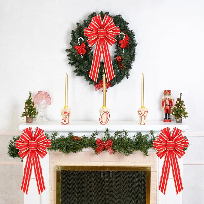 RoseCraft Red/Gold Christmas Bow, 9”x13” Large Velvet Christmas Tree Topper Bow Ornaments for Home Xmas Tree Wreath Fence Stairs Railing Fireplace Indoor Outdoor Front Door Party Decoration.