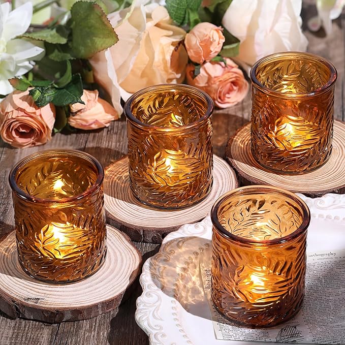 24 pcs Amber Votive Candle Holders, Tea Light Candle Holders for Wedding Centerpieces, Glass Candle Holder for Vintage Home Christmas Decoration Party Supplies