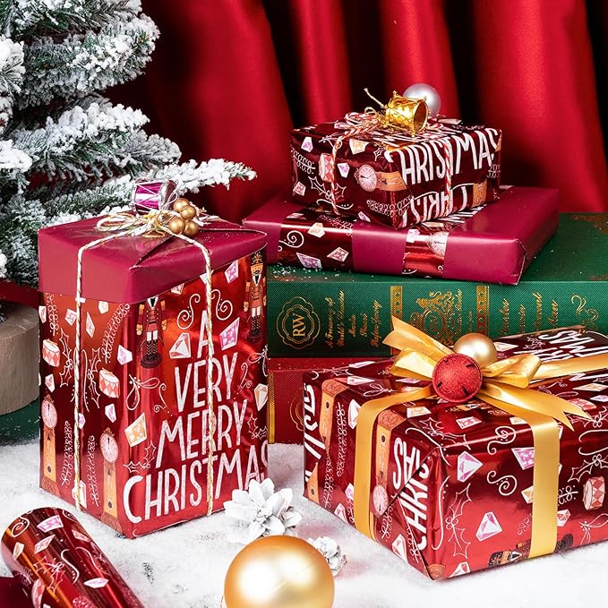 WRAPAHOLIC Reversible Nutcracker Christmas Wrapping Paper - Mini Roll - 17 Inch x 33 Feet - Merry Christmas Nutcracker Wrapping Paper with Metallic Foil Shine for Xmas Holiday, Party Celebration