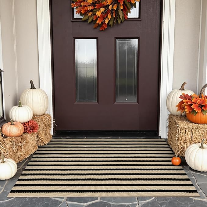 KIMODE Fall Front Door Mats 24"x35", Washable Halloween Porch Decor, Farmhouse Striped Layered Doormat Outdoor, Black and Khaki Cotton Woven Autumn Rugs for Entryway Kitchen Thanksgiving