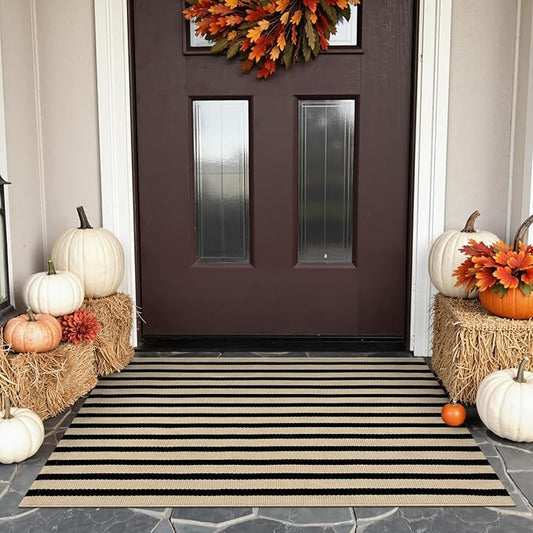 KIMODE Fall Front Door Mats 24"x35", Washable Halloween Porch Decor, Farmhouse Striped Layered Doormat Outdoor, Black and Khaki Cotton Woven Autumn Rugs for Entryway Kitchen Thanksgiving
