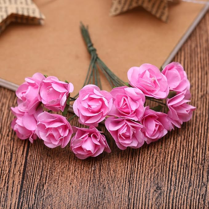 144pcs Mulberry Paper Mini Roses Artificial Flowers Heads with Stems for DIY Crafts Accessories Make Bridal Hair Clips Headbands Dress Wedding Bridal Bouquets Party Home Decor Valentine's (Pink)