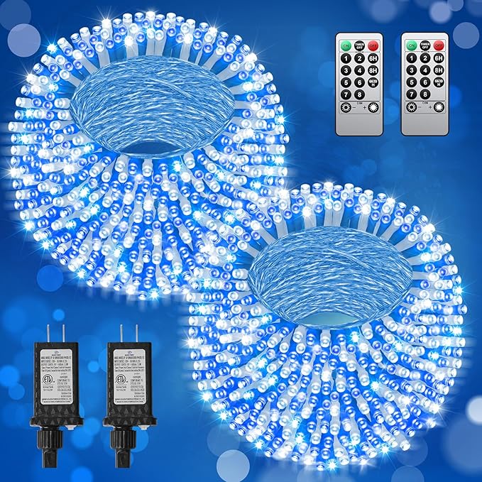 LED Christmas Lights, Extra Long Outdoor String Lights Waterproof, Timer & Memory, 8 Modes Dimmable Plug in Fairy for Outside Tree Wedding Patry (Blue and White, Total 710FT 1800 LED)