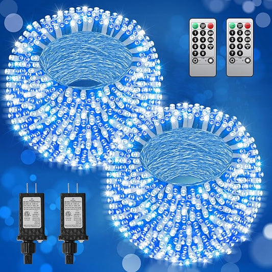 LED Christmas Lights, Extra Long Outdoor String Lights Waterproof, Timer & Memory, 8 Modes Dimmable Plug in Fairy for Outside Tree Wedding Patry (Blue and White, Total 710FT 1800 LED)