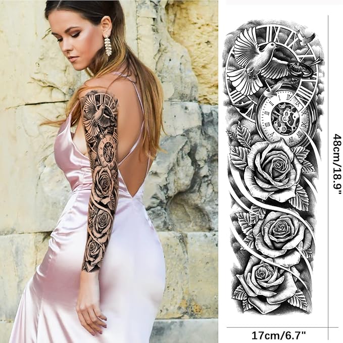 Flower Forest Temporary Tattoo Sleeve for Women Leg, 4-Sheet Full Arm Realistic Tiger Wolf Floral Fake Tattoo Sleeve Adult Girl and 4-Sheet Large Black Half Temp Tatoo Sticker Thigh Makeup Body Art