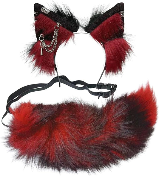 Wolf Ears Tail Set Fox Wolf Headbands Clips Fluffy Cosplay Costumes, Gothic Punk Accessories for Halloween