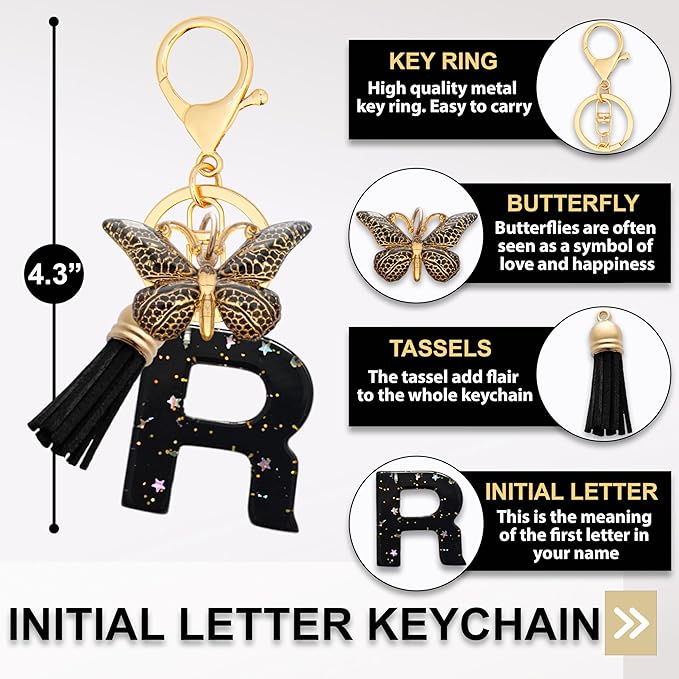 Initial Letter Keychain, Butterfly Keychain Cute Resin, Initial Keychain Backpack Charms, Key chain for Women, Girls