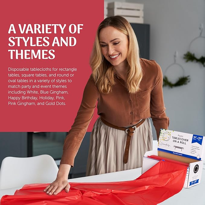Grandipity Plastic Tablecloth Roll - 54in x 300 Ft. Red Plastic Table Cloths for Parties Disposable with Cutter Box - Cut to Size Disposable Tablecloth Table Cover for Rectangle & Round