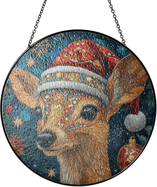 Deer Stained Glass Window Hanging - Deer Christmas Hanging Ornament - Deer Christmas Decor - Wall Decor for Indoor Outdoor - Xmas Gifts for Mom, Grandma