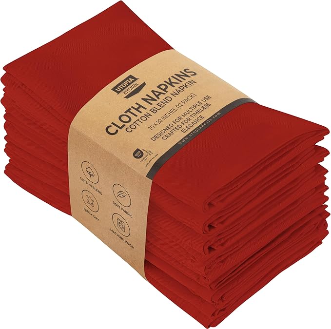 Utopia Kitchen Red Cloth Napkins [12 Pack, 20x20 Inch] Absorbent Cotton Blend Washable and Reusable for Dinner, Restaurant, Lunch, Wedding and Hotel