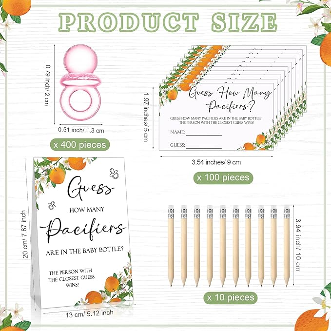 Roowest 512 Pcs Baby Shower Games Guess How Many Pacifiers Sign 100 Small Guessing Games 10 HB Pencils 750ml Milk Bottle 400 Acrylic Pacifiers Decoration for Guest Gender Reveal(Pink,Orange)