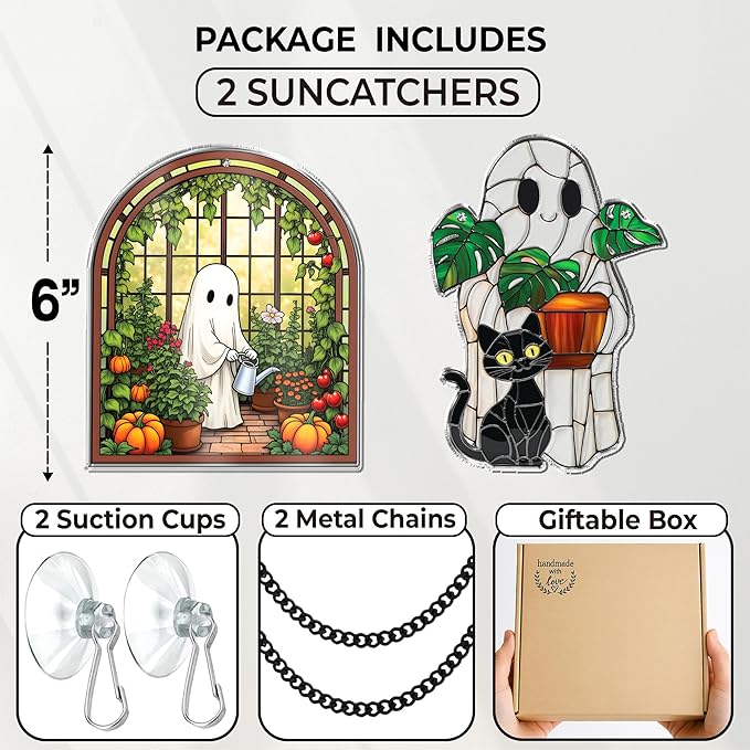 2 Cute Halloween Decorations, Spooky Cute Ghost Plant Suncatcher Window Hangings, Ghost with Black Cat Greenhouse, Pumpkin Ornaments Home Garden, Gifts for Mom, Plant Lovers, Women, Girl