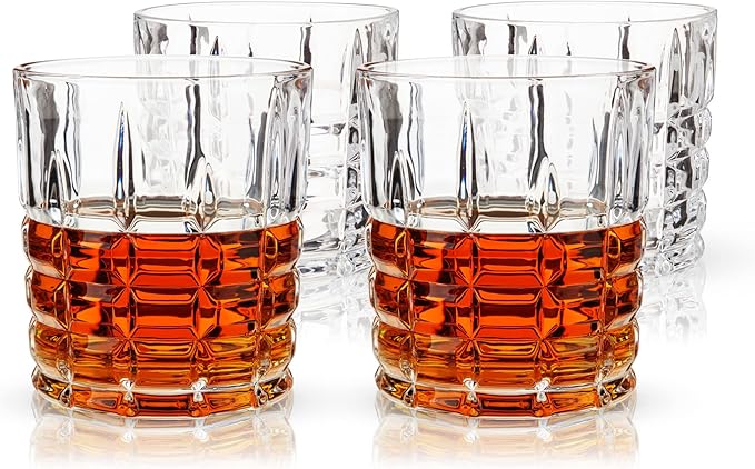 Viski Highland Crystal Whiskey Glasses, Elegant Drinking Glasses for Bourbon, Scotch, Cocktails, and Neat Spirits, Lowball Tumblers Perfect for Hosting, Housewarming Party, Home Bars, 10 oz, Set of 4