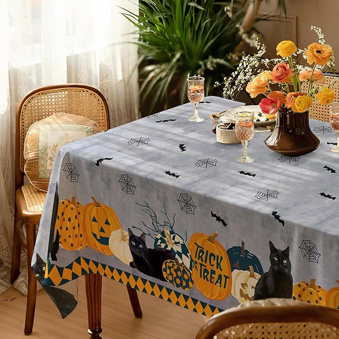 Halloween Waterproof Tablecloth – Spooky Pumpkin, Black Cat, Bat & Spider Web Design – Gray Holiday Table Cover for Party, Dining, and Home Decor, W60 x L102 in