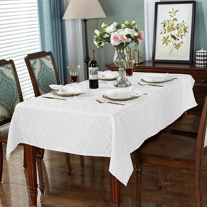 SASTYBALE Rectangular Tablecloth Damask Fabric Table Cloths Water Resistant & Wrinkle Free Spill-Proof Durable Polyester Table Cover for Kitchen Dining Tabletop (Square, 52" x 52" (2-4 Seats), White)