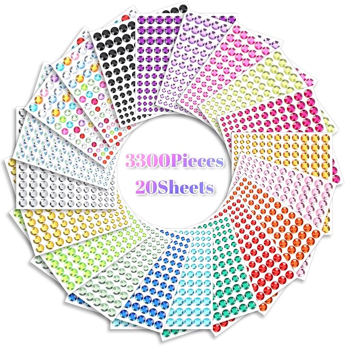 3300 Pcs 4 Sizes Self Adhesive Face Rhinestones Gems Stickers Bling Stick on Jewels for Hair Face Body Makeup DIY Craft, Card Decorations
