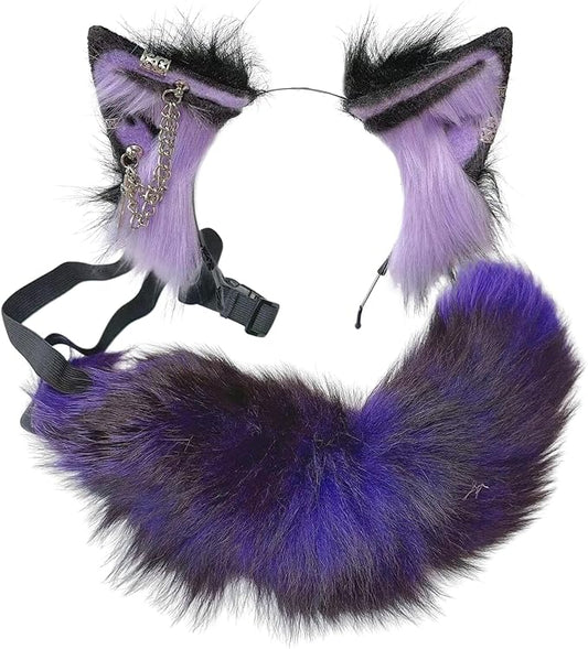Wolf Ears Tail Set Fox Wolf Headbands Clips Fluffy Cosplay Costumes, Gothic Punk Accessories for Halloween