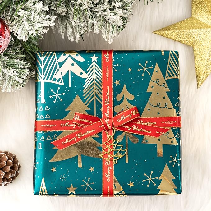 MAYPLUSS Christmas Wrapping Paper Roll - Mini Roll - 17 inch X 120 inch Per roll - 3 Different Dark Green with Glitter Metallic Foil Design(42.3 sq.ft.ttl) for Party St.Patrick's Day