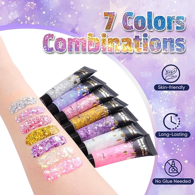 AROIC Kids Unicorn Hair Glitter，14Pcs Body &Face Shimmering Glitter Gel Set，Fairy Costume Sparkle Makeup for Girls，Holographic Sparkle Face Paint for Festivals Princess Birthday Party Gifts (7 Colors)