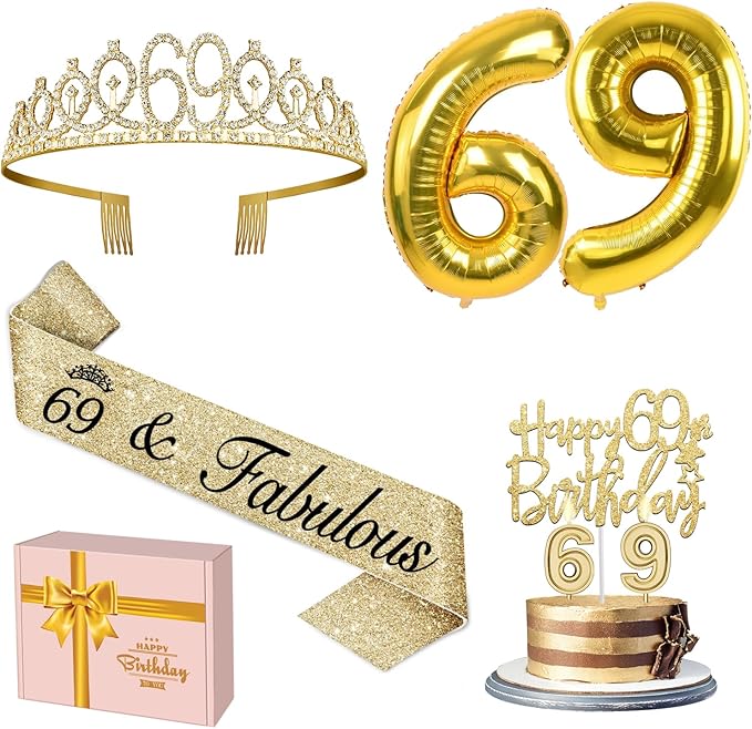 69th Birthday Decorations for Women Gold with 69th Birthday Sash and Crown, Cake Topper and Candles, Number Balloons Gold, 69 Year Old Gifts for Women