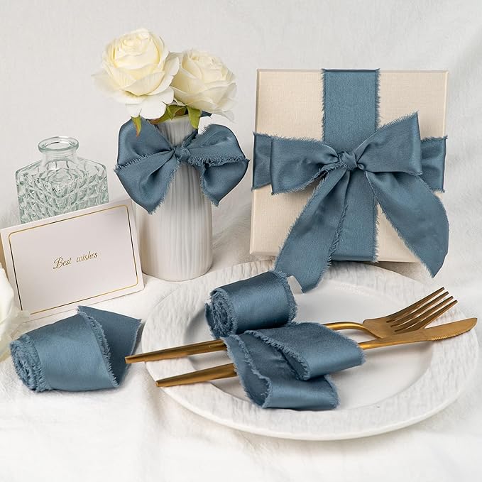 Satin Silk Ribbon, Dusty Blue Ribbon for Wrapping, 1-1/2 inch x 15 Yd Handmade Frayed Fringe Ribbon, for Wedding Engagement Birthday Showers Crafts Flower Bouquet Invitation Decor, 3 Rolls