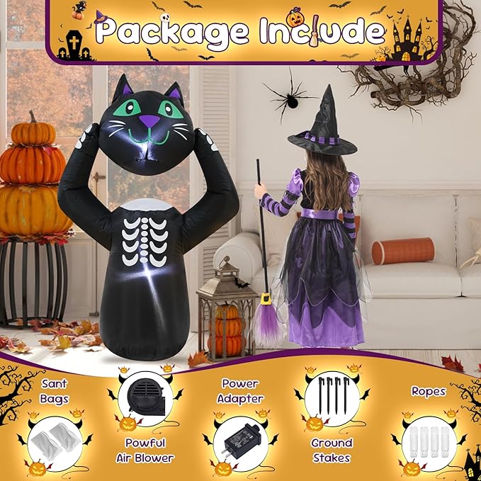 4FT Cat Holding Its Own Head Halloween Inflatable Decoration Blow Up Decor with LED Lights Indoor Outdoor Yard Graden Halloween Party Holiday Decoration