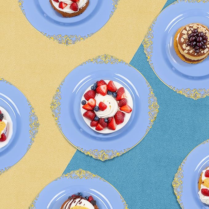 125PCS Blue and Gold Plastic Plates - Airy Blue Disposable Plate - Gorgeous Plates with Gold Plastic Silverware Sets for 25 Guests for Party & Wedding & Spring