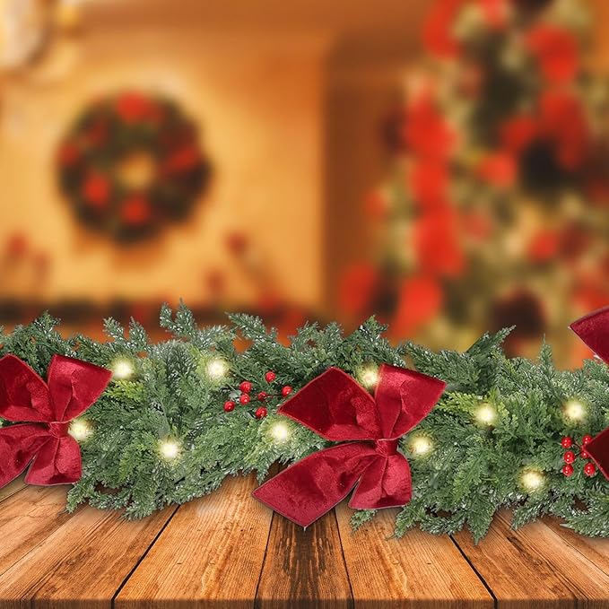 6ft Christmas Garland with Lights,Lighted Cedar Garland for Mantle,Prelit Real Touch Artificial Green Christmas Winter Garland with Large Burgundy Velvet Bow for Indoor Outdoor Decor
