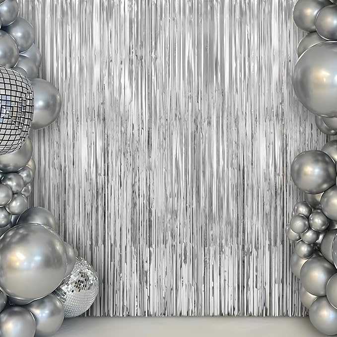 LOLStar 10 Pack Silver Party Decorations 3.3x6.6 ft Silver Foil Fringe Curtains Tinsel Backdrop Photo Booth Prop Streamer for Engagement Wedding, Birthday, Bridal Shower Disco Bachelorette Party Decor