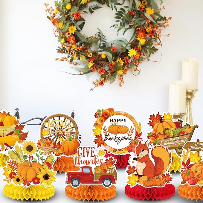 9PCS Thanksgiving Honeycomb Centerpiece Turkey Pumpkin Maple Leaves Honeycomb Thanksgiving Table Centerpiece for Thanksgiving Table Decoration Fall Autumn Theme Birthday Party Supplies