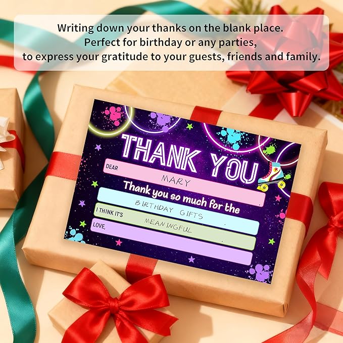 Kids Thank You Card, Retro Disco Theme Thank You Notes, Roller Skate Greeting Card With Envelope, Birthday Wedding Graduation Christmas Party Favors Supplies Decor(20 Pcs)-05