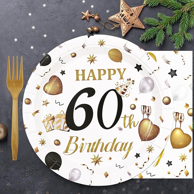 75PCS 60th Birthday Plates and Napkins Party Decorations, 7 Inch White and Gold Happy Birthday Paper Dessert Cake Plates and Napkins Disposable Tableware Set Party Favors for Women Men