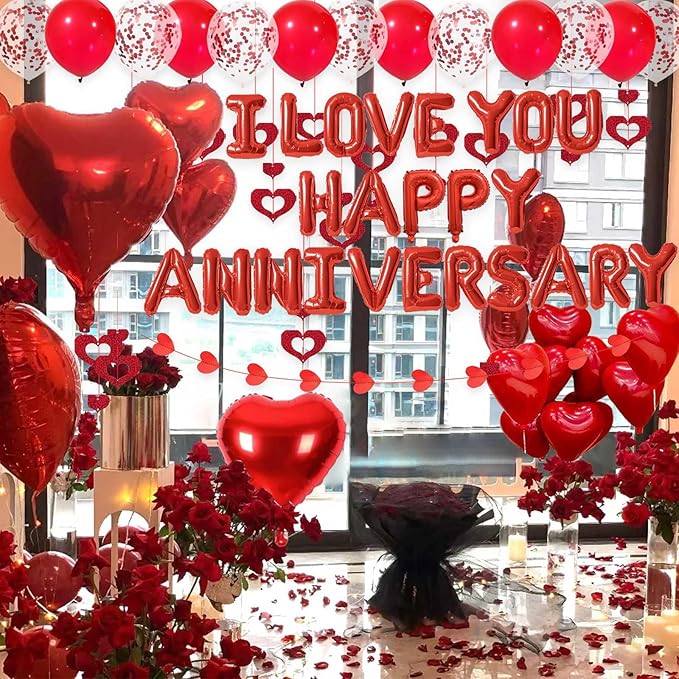 Red Happy Anniversary Decorations I LOVE YOU Letter Balloons - 1200pcs Red Artificial Rose Petals 16" Letter Balloons 18" Heart Foil Balloons Latex balloons heart balloons Hanging Swirls Heart Banner