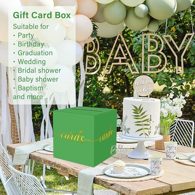 1 Pack Green and Gold Foil Card Box for Party, 8.7" Green Gift Card Box Money Box for Birthday, Wedding, Baby Shower, Retirement, Anniversary, Bridal Shower, Raffle Ticket