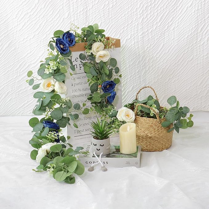 TOCHGREEN 4 Pack Artificial Eucalyptus Flower Garland with White and Blue Roses, Fake Rose Flower Greenery Garland Floral Vines for Wedding Home Party Table Runner Decor (Blue White, 4PCS)