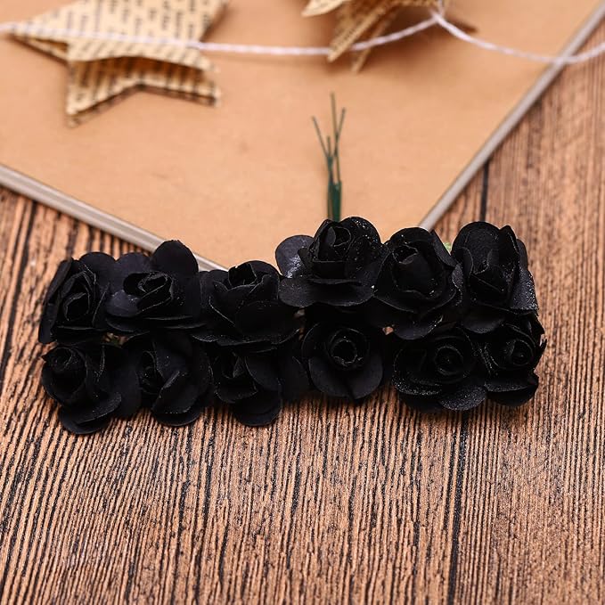 144pcs Mulberry Paper Mini Roses Artificial Flowers Heads with Stems for DIY Crafts Accessories Make Bridal Hair Clips Headbands Dress Wedding Bridal Bouquets Party Home Decor Valentine's (Black)