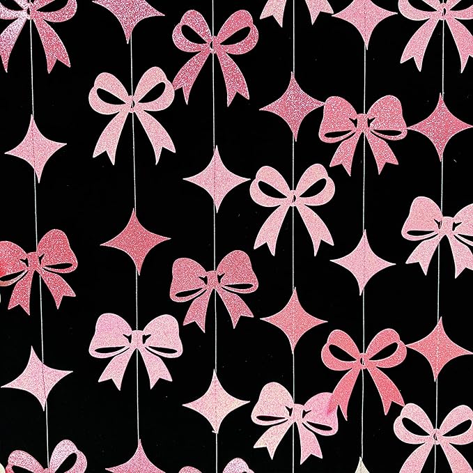 Pink Bow Decorations Pink Glitter Paper Star Bow Hanging Garland Streamer Banner for Coquette Birthday Bridal Shower Wedding Anniversary Bachelorette Engagement Baby Shower Party Decorations Supplies