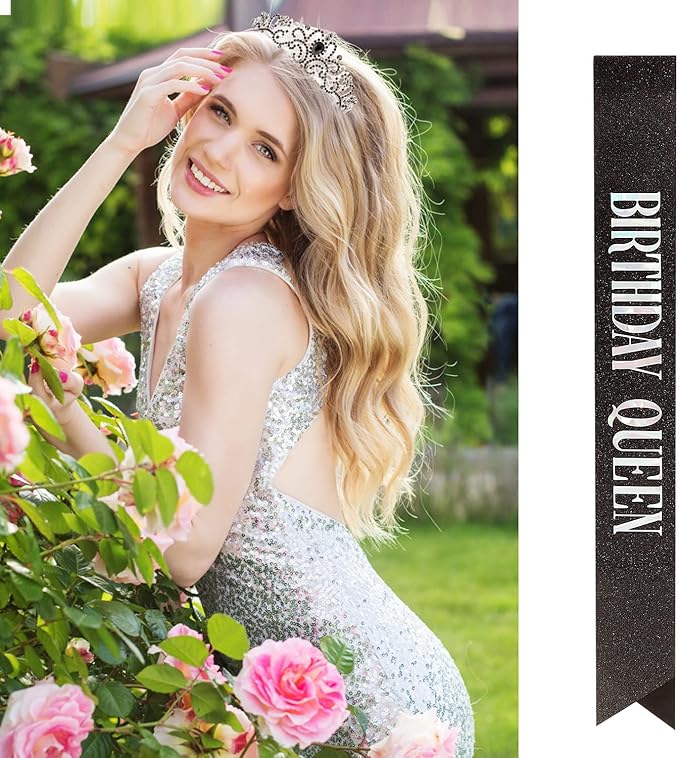 Velscrun Birthday Queen Tiaras Crown for Women, Queen Tiara for Mom, Girls Princess Crowns for Women, Black Rhinestones Birth Crown Headband Birth Sash, 50th Birthday Prom Party Decorations